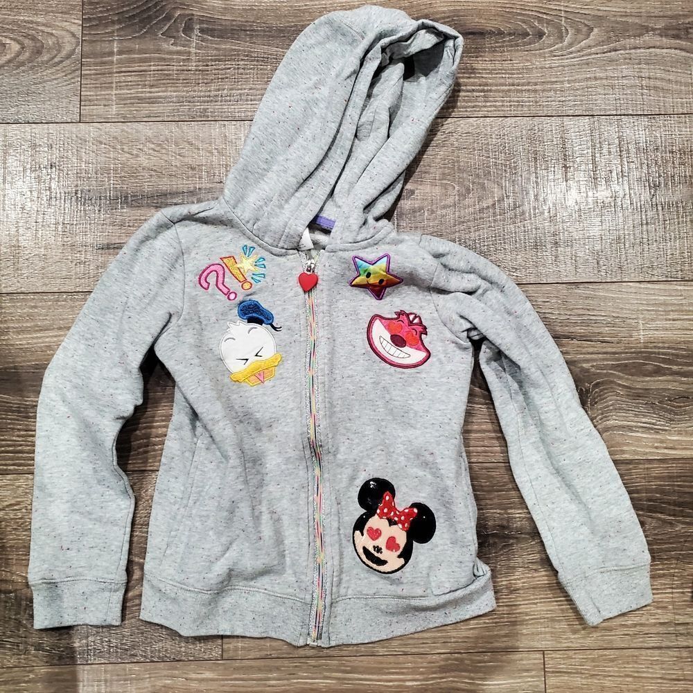 Girls Disney Jacket Sixe 7-8 Gray Hoodie with Colorful Character Patches